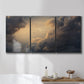Three-panel canvas wall art featuring surreal floating figures above landscape, displayed in a bathroom above a bathtub.