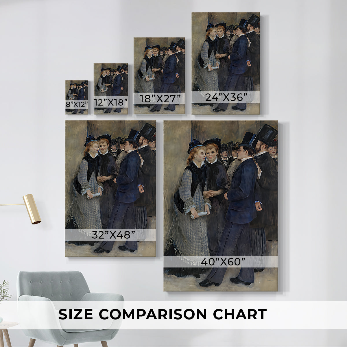 Size comparison chart for canvas art prints, showing multiple size options.