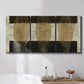 Three-panel canvas wall art featuring textured abstract vessel forms, displayed in a bathroom above a bathtub.