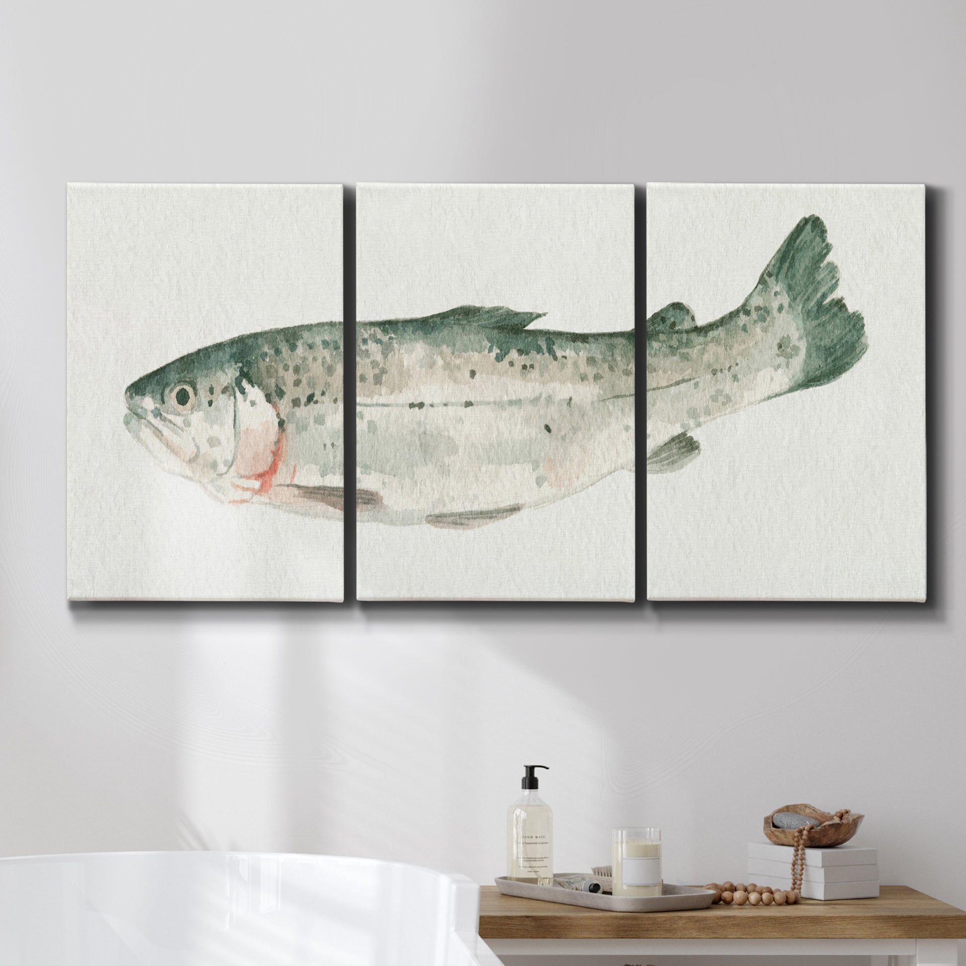 Three-panel canvas wall art featuring watercolor animal portrait, displayed in a bathroom above a bathtub.