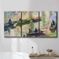 Three-panel canvas wall art featuring river scene with boats and reflections, displayed in a bathroom above a bathtub.