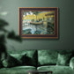 Impressionist riverside leisure scene by Claude Monet in an ornate bronzed mahogany wood frame displayed in a dark-toned interior setting.