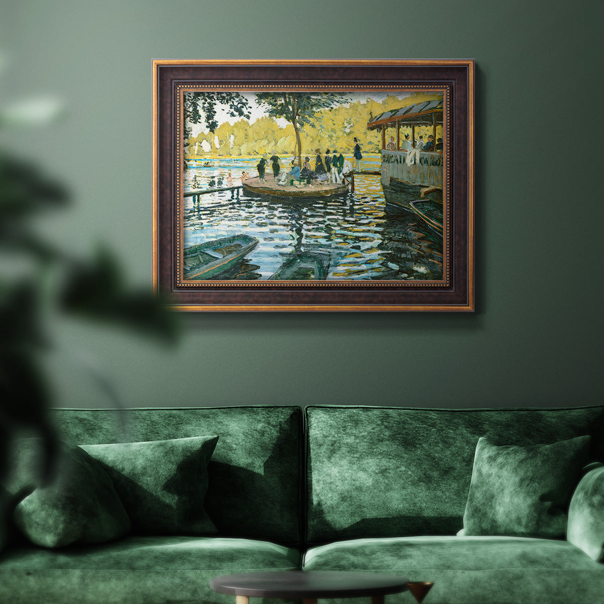 Impressionist riverside leisure scene by Claude Monet in an ornate bronzed mahogany wood frame displayed in a dark-toned interior setting.