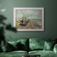 Impressionist coastal fishing boats scene by Vincent van Gogh in an ornate weathered white frame displayed in a dark-toned interior setting.