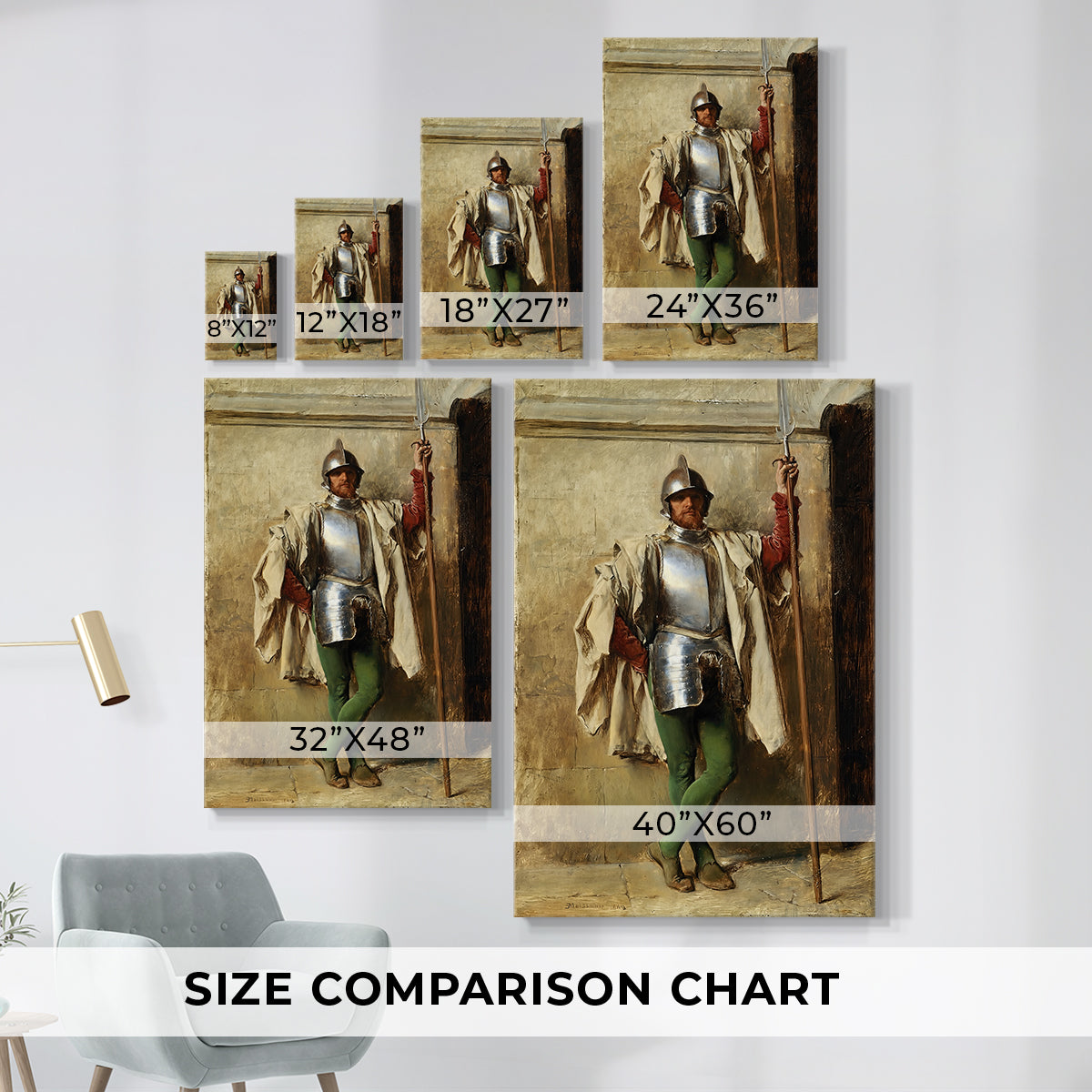 Size comparison chart for canvas art prints, showing multiple size options.