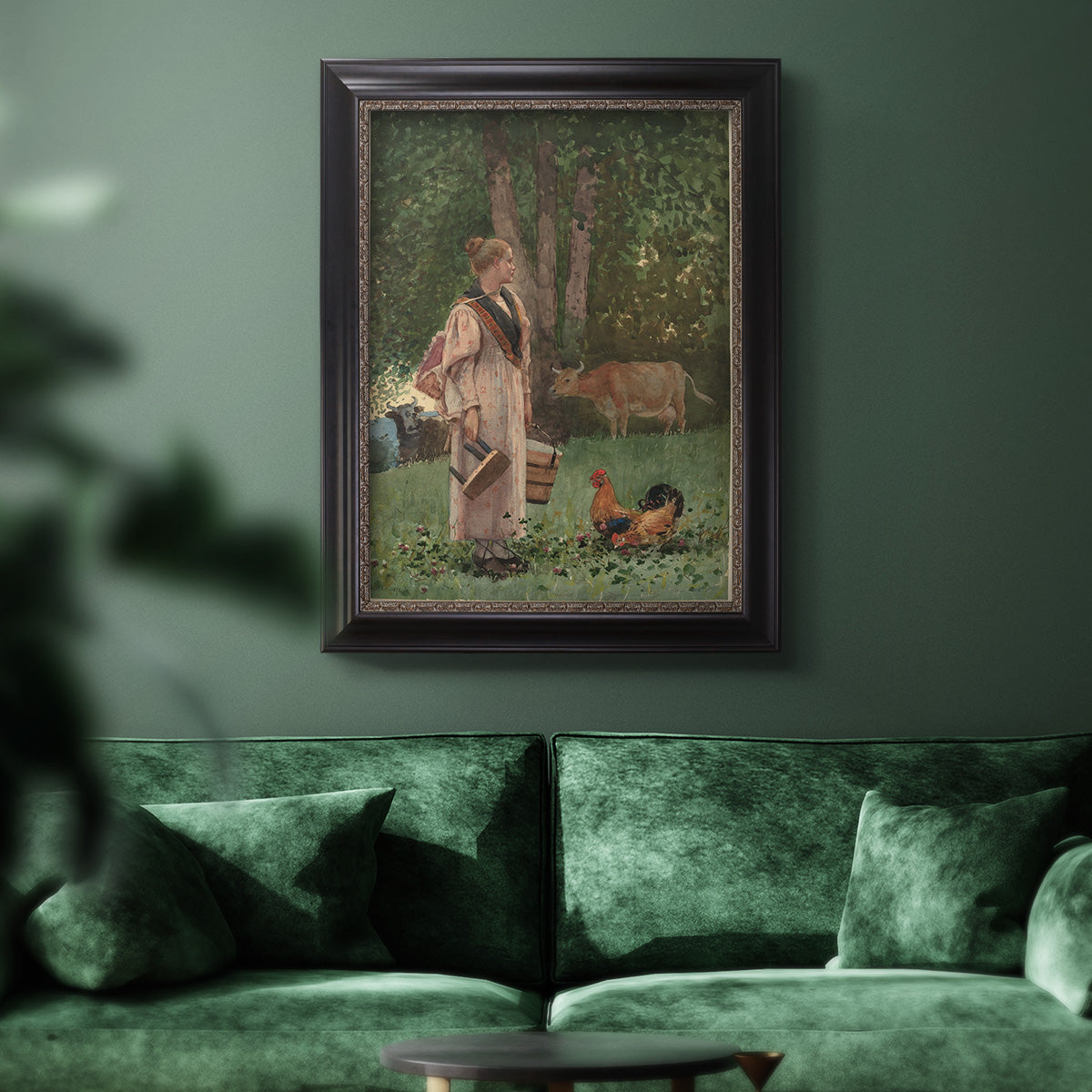 Realist genre scene of a milkmaid by Winslow Homer in an ornate black frame with gilded inner detail displayed in a dark-toned interior setting.
