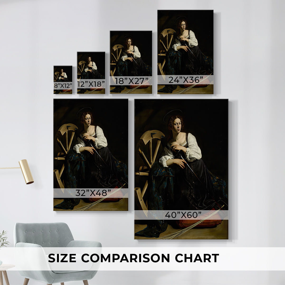 Size comparison chart for canvas art prints, showing multiple size options.