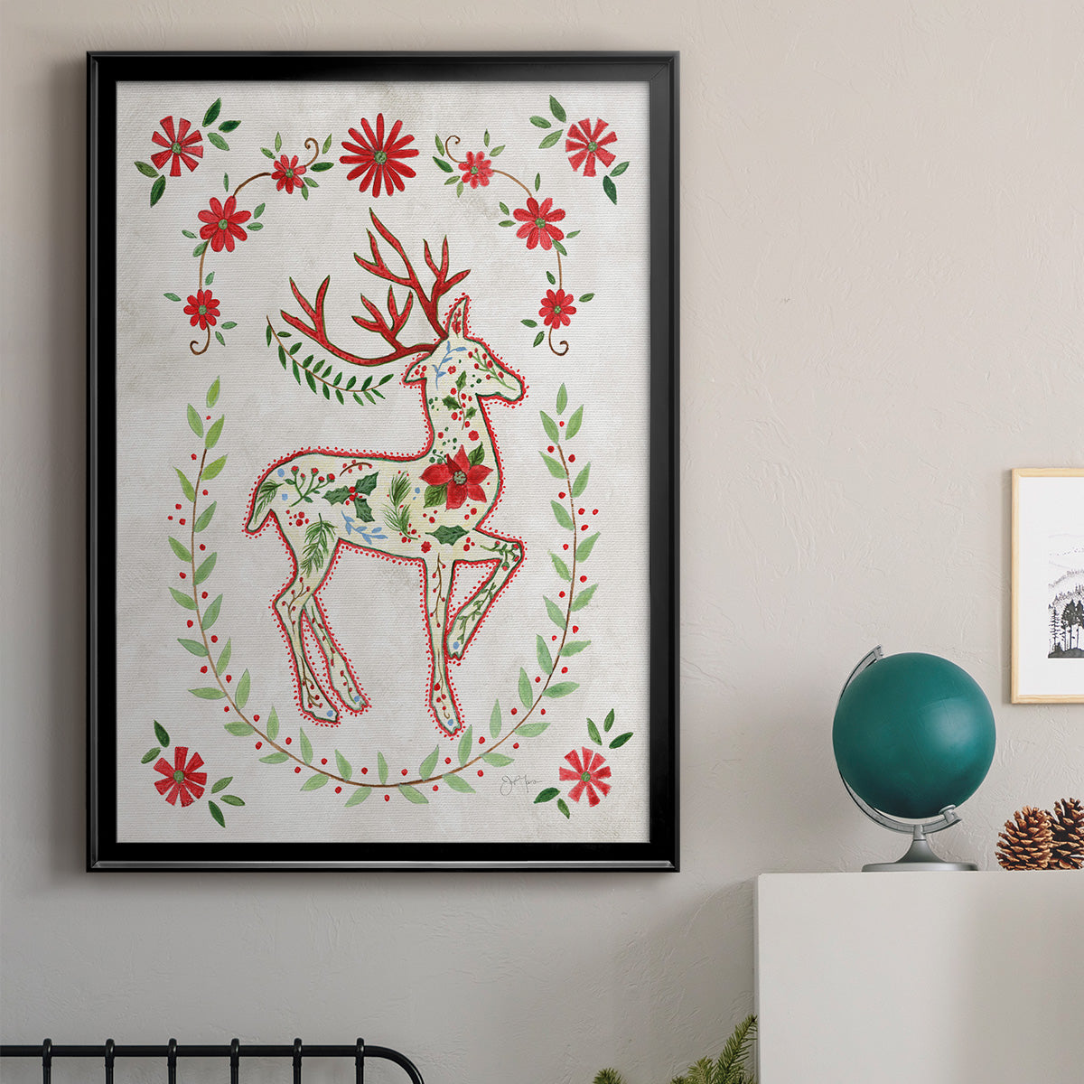 Christmas Folk Reindeer - Modern Framed Canvas Print
