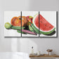 Three-panel canvas wall art featuring impressionist market still life, displayed in a bathroom above a bathtub.