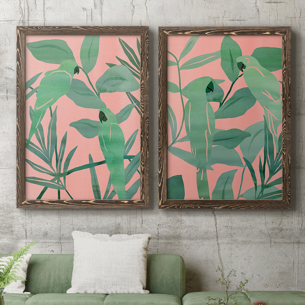 Pink and Green Birds of Paradise I - Premium Framed Canvas 2 Piece Set - Ready to Hang