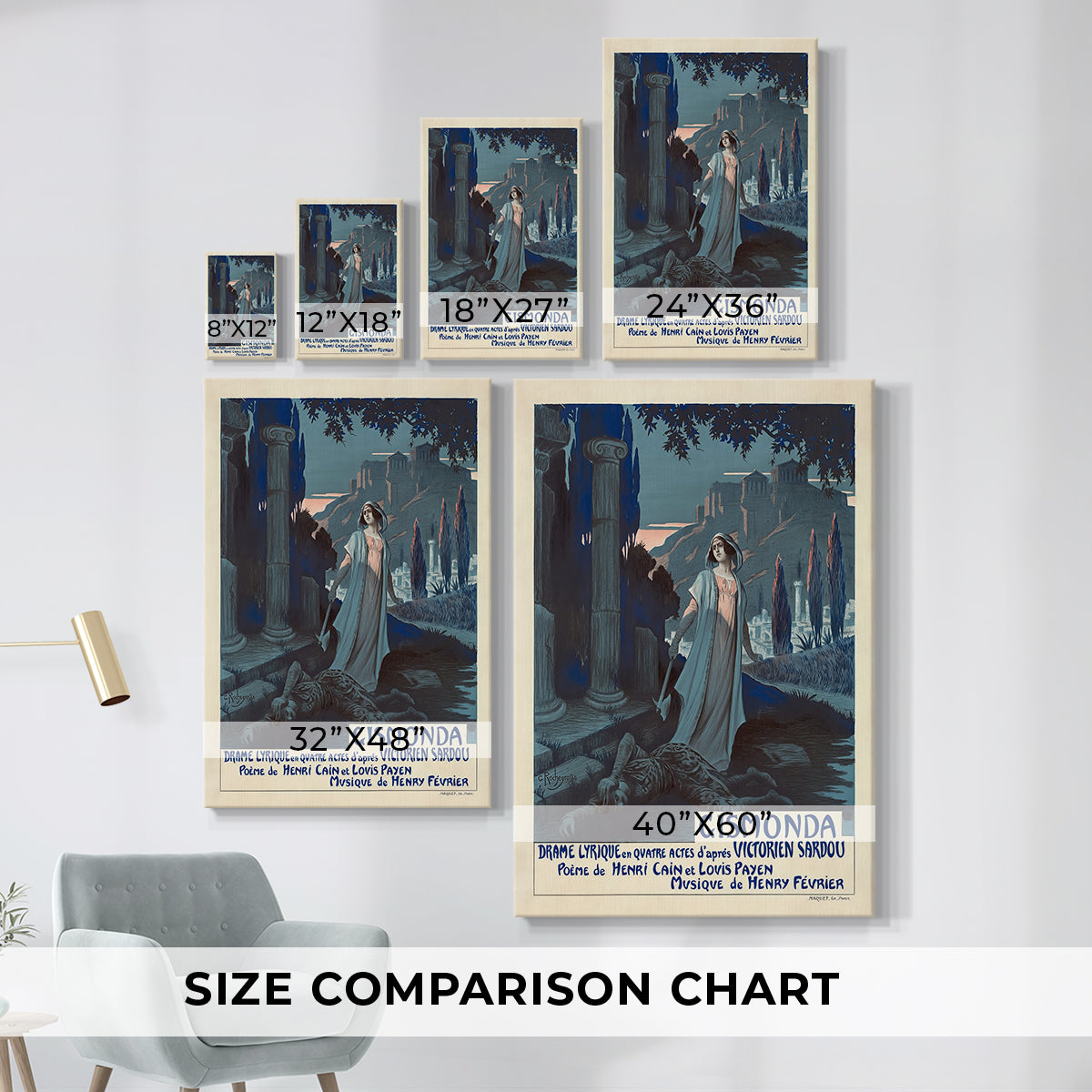Size comparison chart for canvas art prints, showing multiple size options.