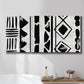 Three-panel canvas wall art featuring geometric abstract forms merging pattern, displayed in a bathroom above a bathtub.