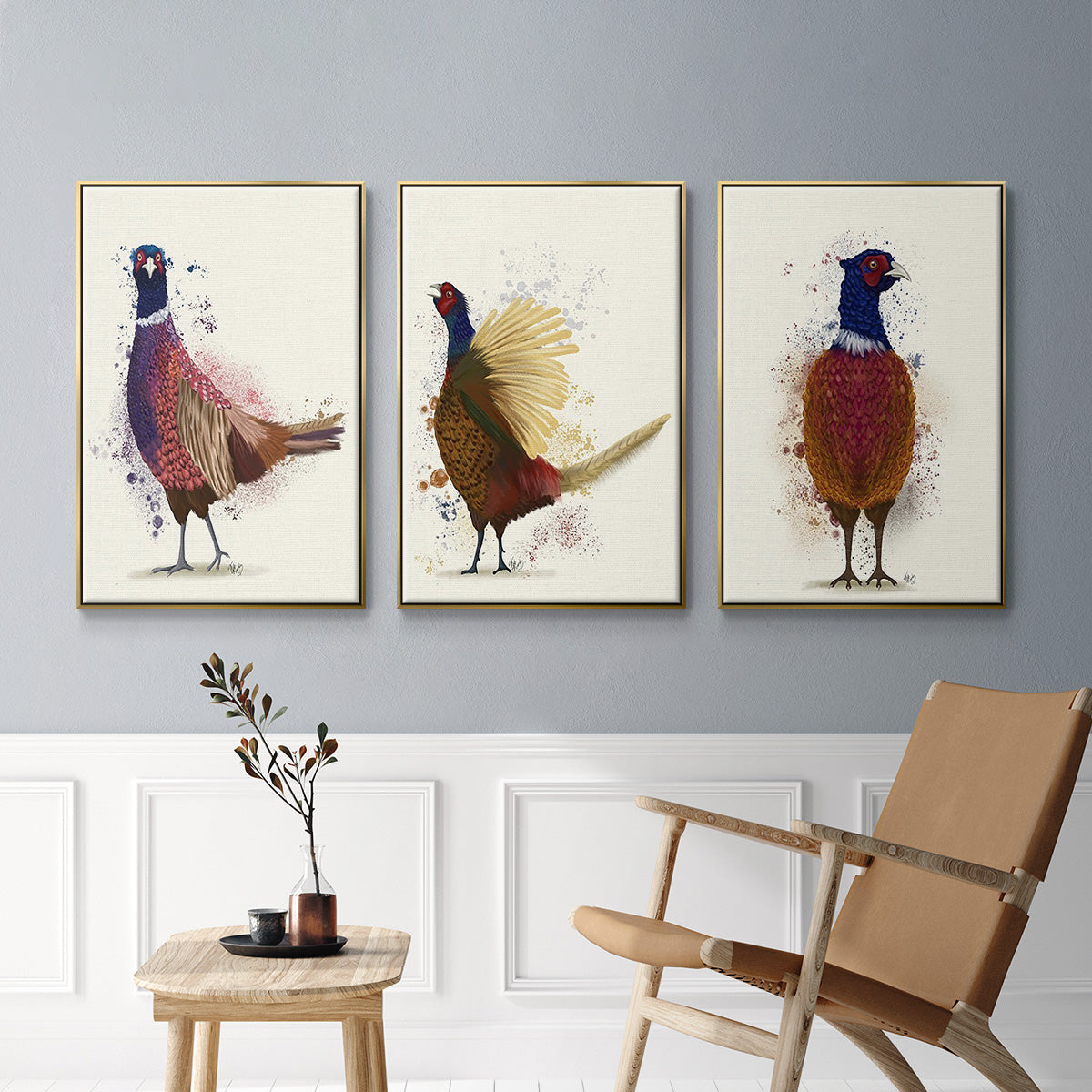 Pheasant Shooting Party 5 - Framed Premium Gallery Wrapped Canvas L Frame 3 Piece Set - Ready to Hang