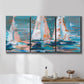 Three-panel canvas wall art featuring graphic pop style sailboats, displayed in a bathroom above a bathtub.