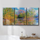 Three-panel canvas wall art featuring wide river landscape, displayed in a bathroom above a bathtub.