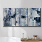 Three-panel canvas wall art featuring soft abstract mountain color fields, displayed in a bathroom above a bathtub.