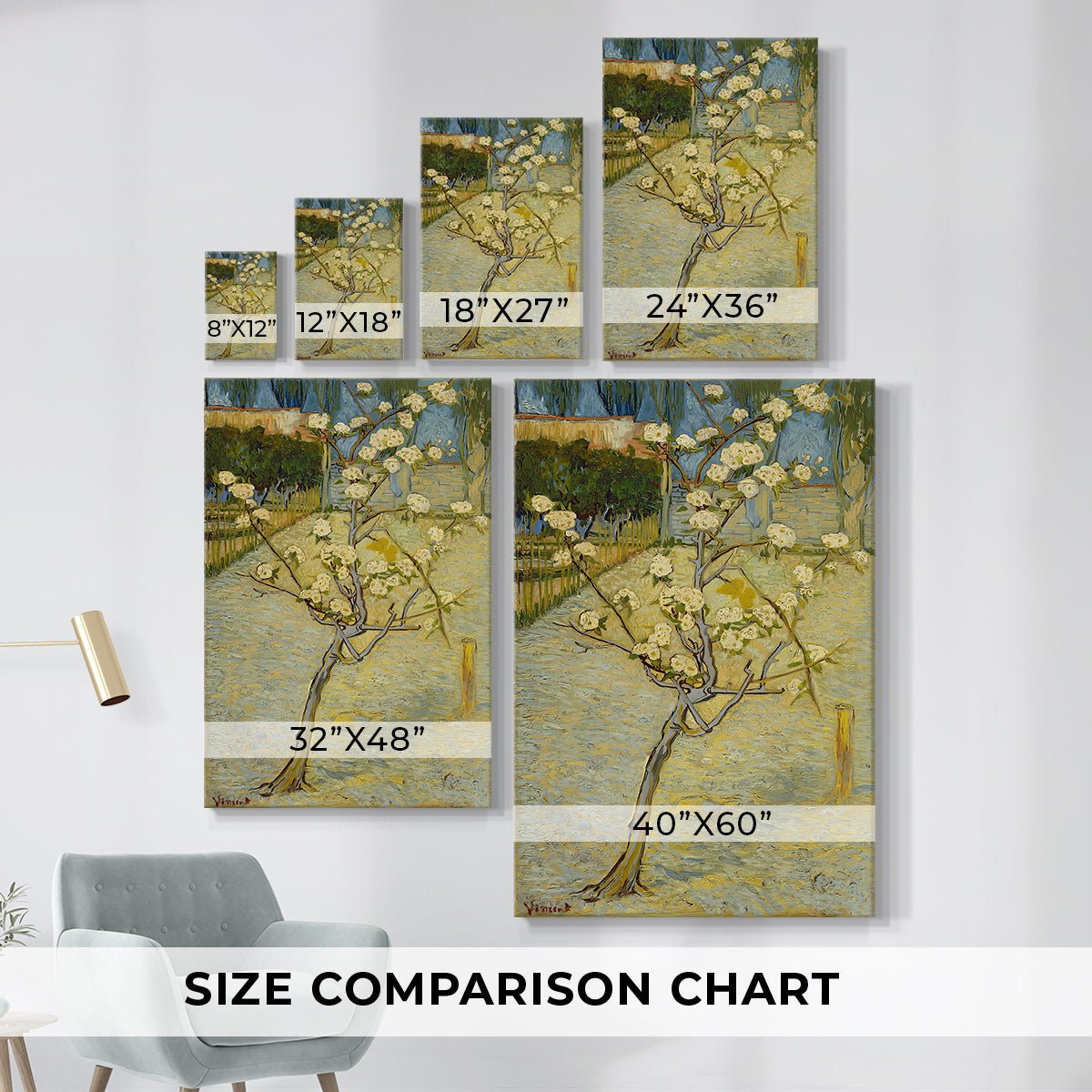 Size comparison chart for canvas art prints, showing multiple size options.