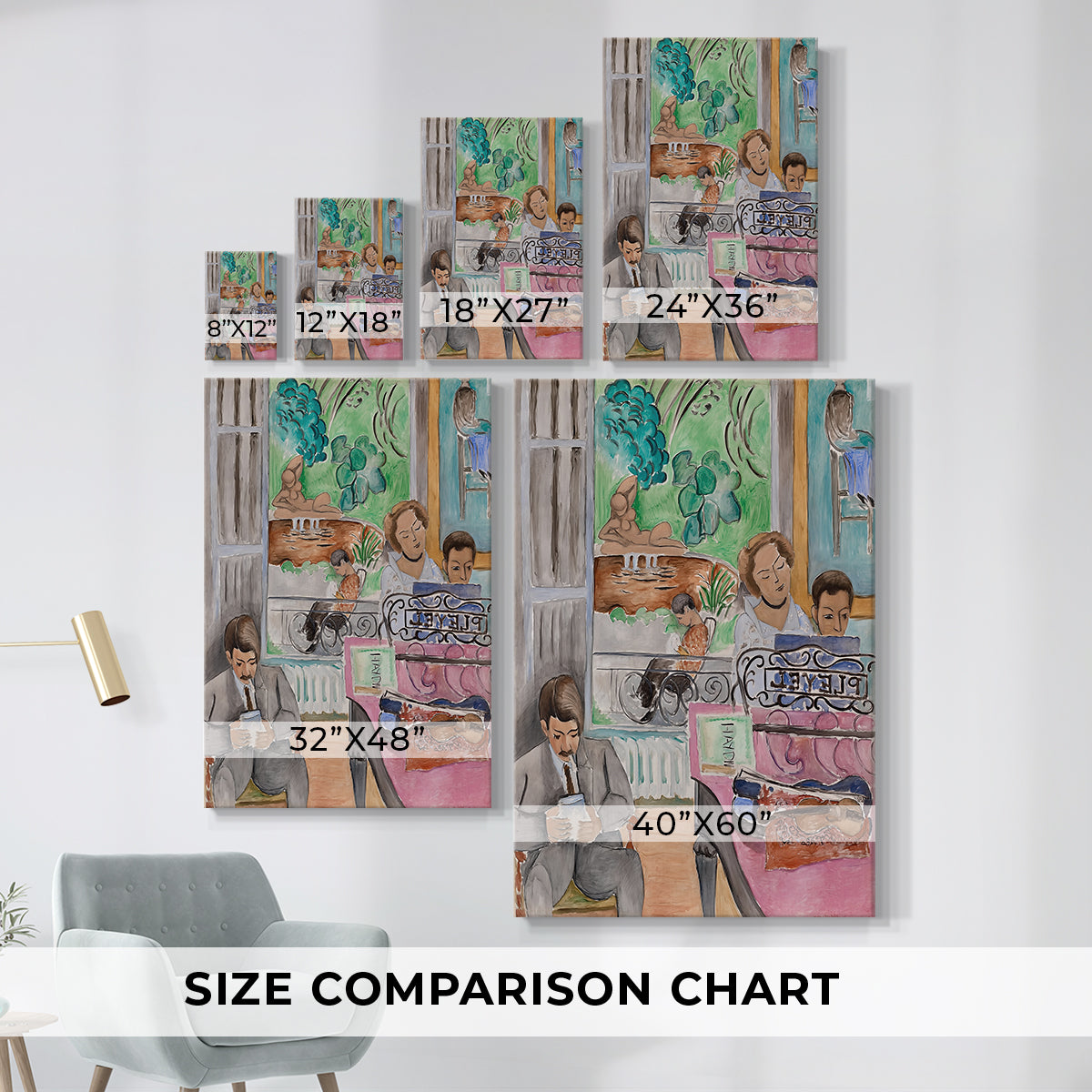 Size comparison chart for canvas art prints, showing multiple size options.