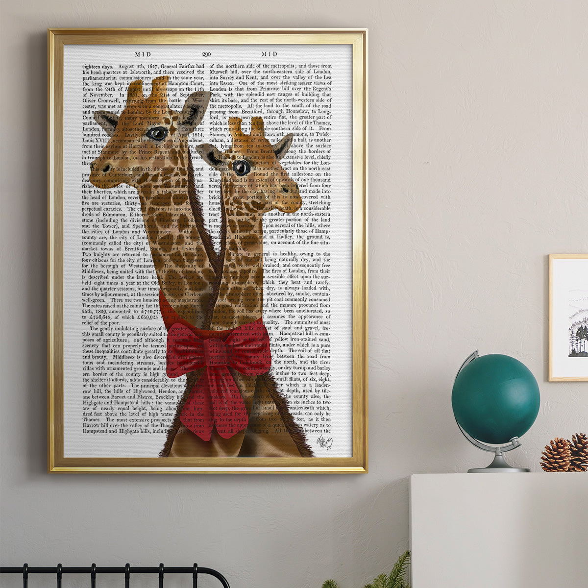 Giraffes and Bow - Modern Framed Canvas Print