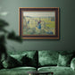 Impressionist rural hay harvest landscape by Camille Pissarro in an ornate bronzed mahogany wood frame displayed in a dark-toned interior setting.