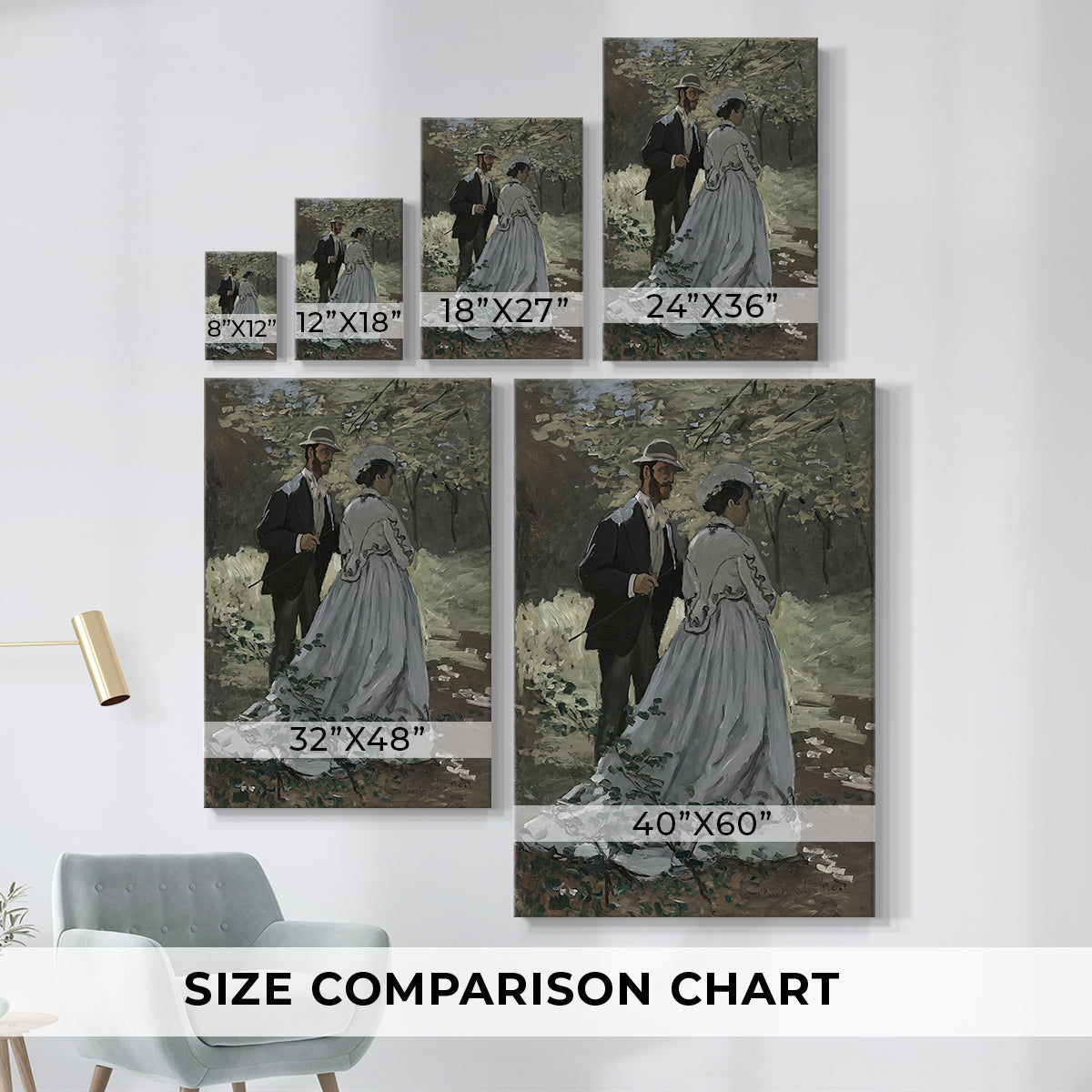 Size comparison chart for canvas art prints, showing multiple size options.