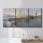 Three-panel canvas wall art featuring guardian boat along shoreline, displayed in a bathroom above a bathtub.