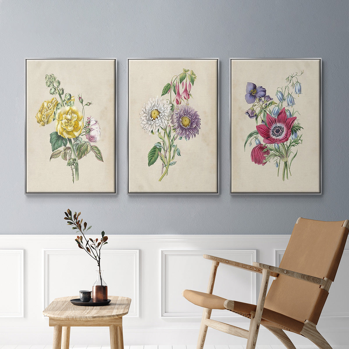 Antique Garden Bouquet I - Framed Premium Gallery Wrapped Canvas L Frame 3 Piece Set - Ready to Hang