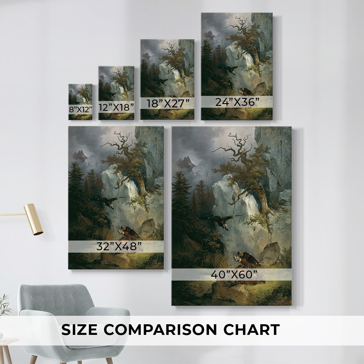 Size comparison chart for canvas art prints, showing multiple size options.