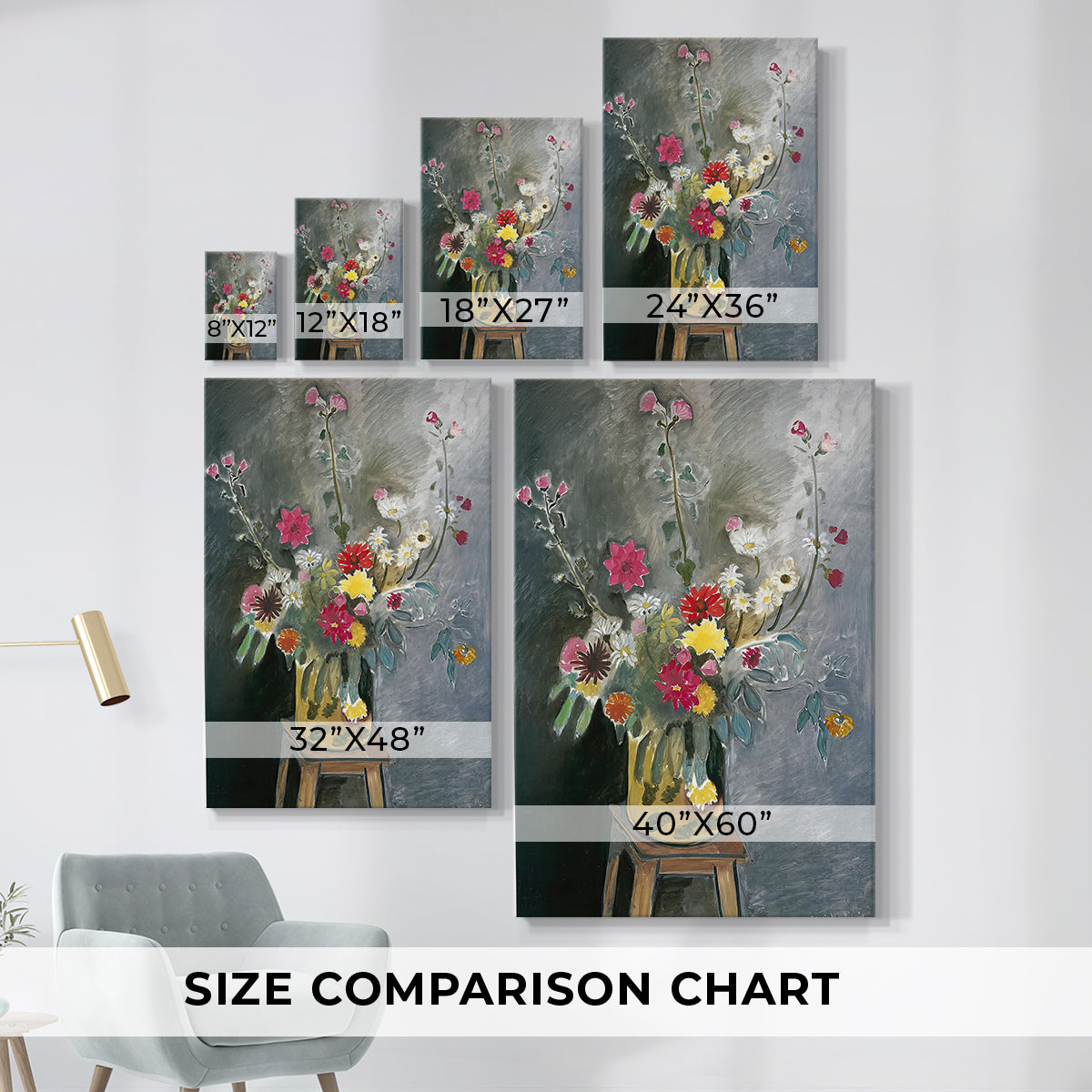 Size comparison chart for canvas art prints, showing multiple size options.