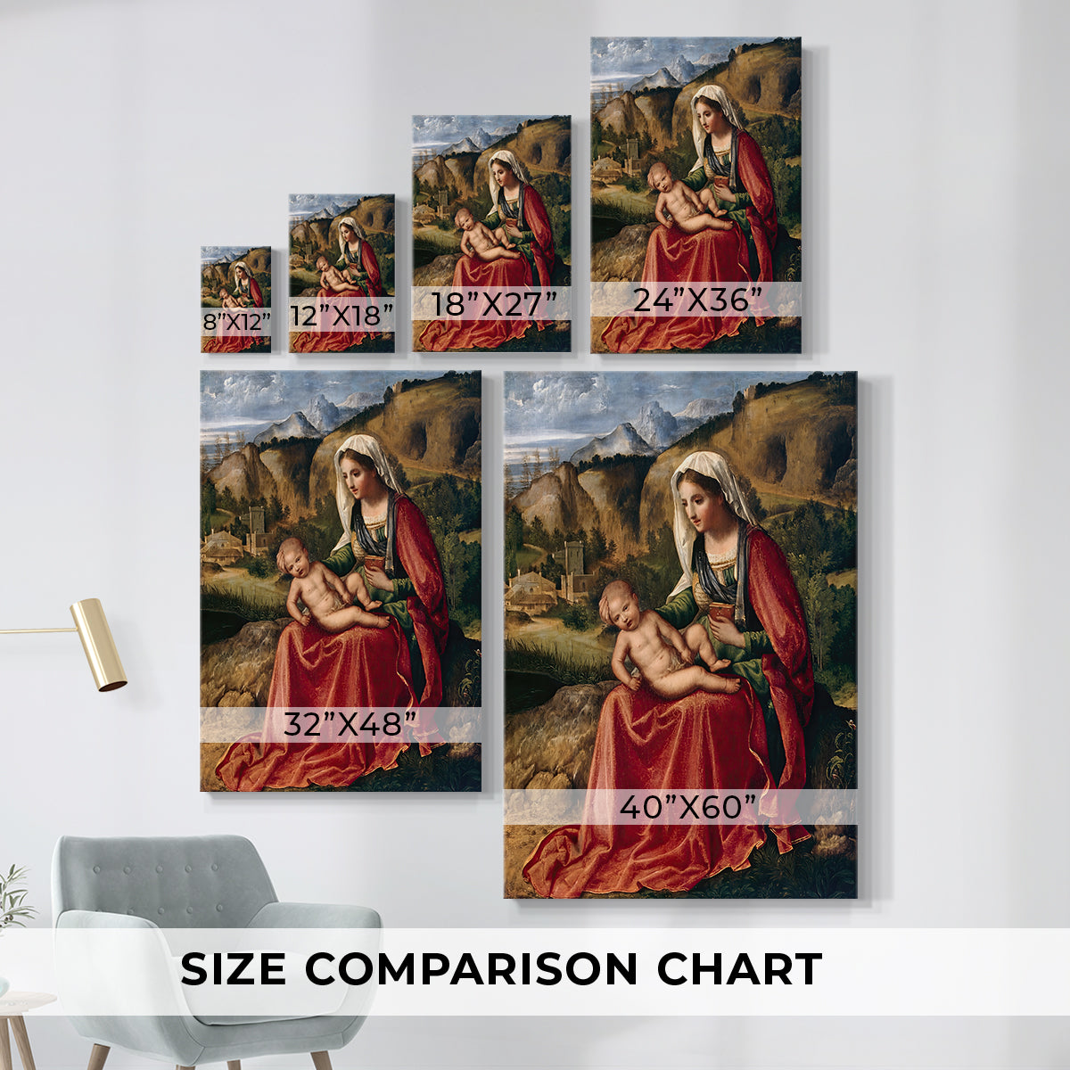 Size comparison chart for canvas art prints, showing multiple size options.