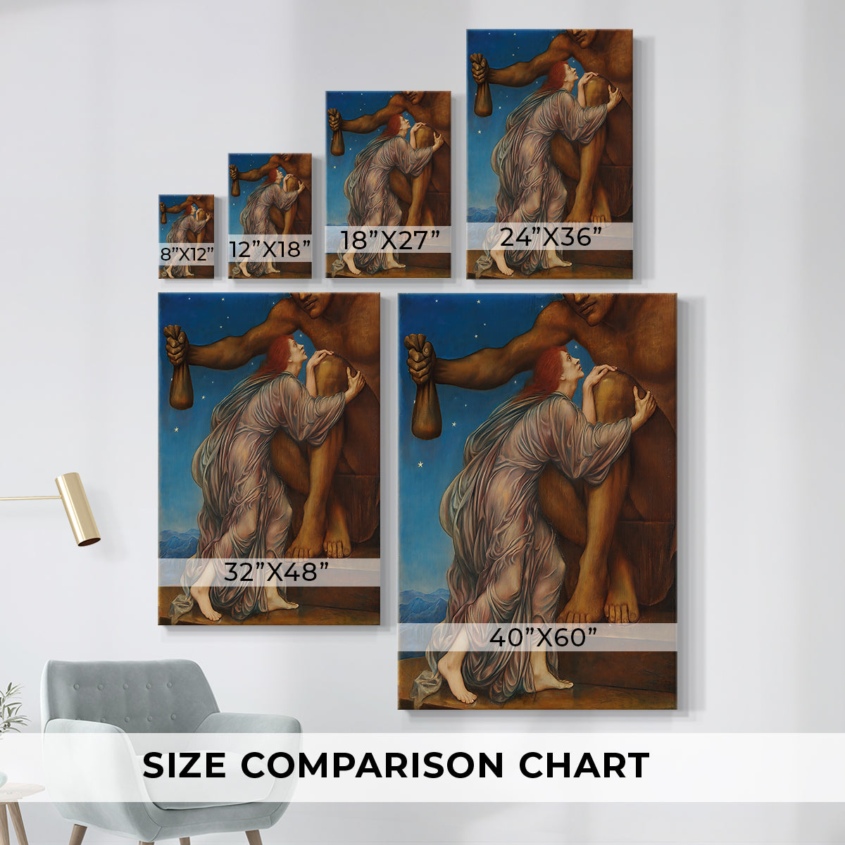 Size comparison chart for canvas art prints, showing multiple size options.