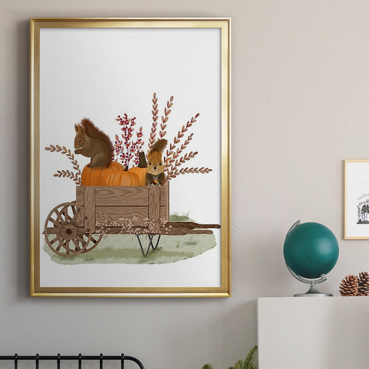 Squirrels In Pumpkin Wheelbarrow - Modern Framed Canvas Print