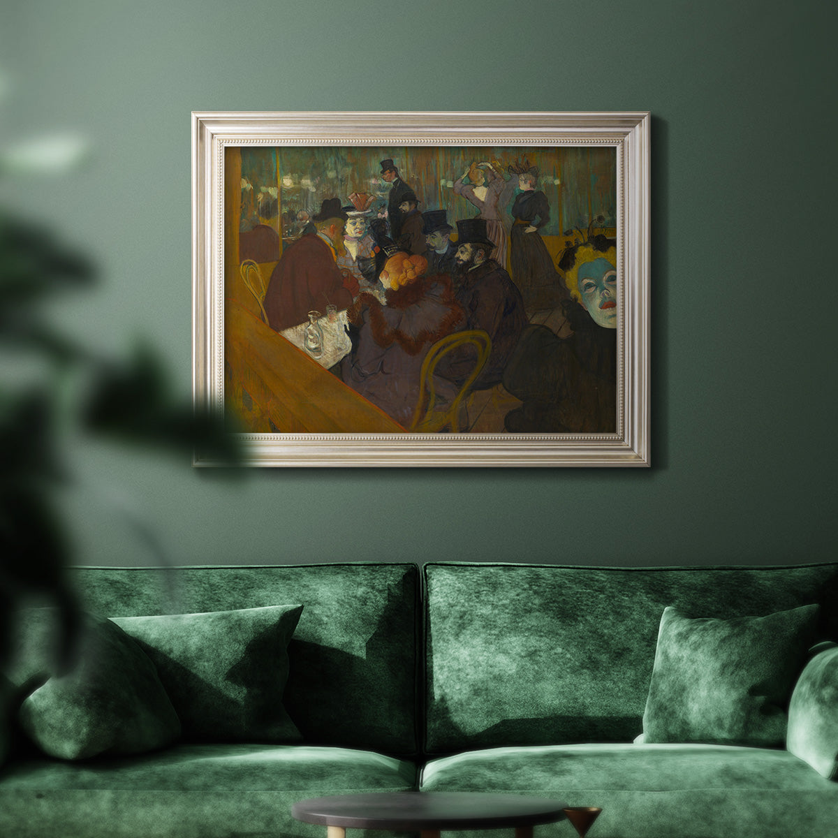 Impressionist cabaret interior scene by Henri de Toulouse-Lautrec in an ornate champagne frame shown in multiple size options.