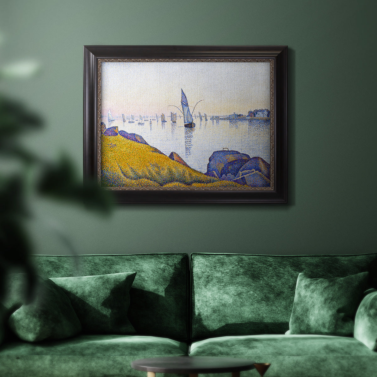 Impressionist coastal harbor at dusk by Paul Signac in an ornate black frame with gilded inner detail displayed in a dark-toned interior setting.