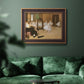 Impressionist dance class interior scene by Edgar Degas in an ornate bronzed mahogany wood frame displayed in a dark-toned interior setting.