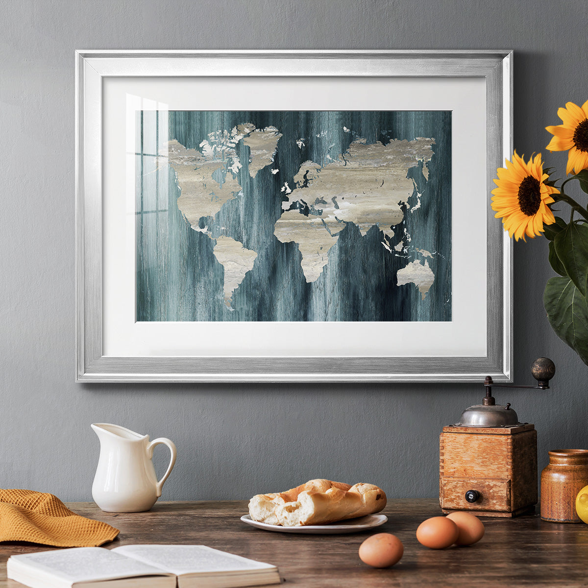 Navy World Map Premium Framed Print - Ready to Hang