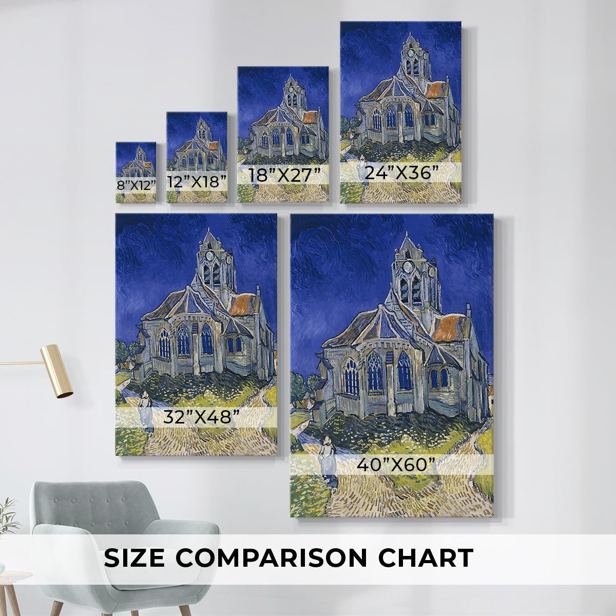 Size comparison chart for canvas art prints, showing multiple size options.