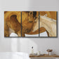 Three-panel canvas wall art featuring gentle horse portrait illustration, displayed in a bathroom above a bathtub.