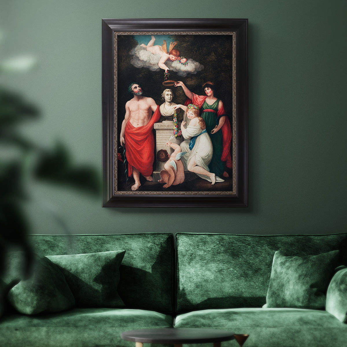 Classical allegorical painting honoring Linnaeus by Robert John Thornton in an ornate black frame with gilded inner detail displayed in a dark-toned interior setting.