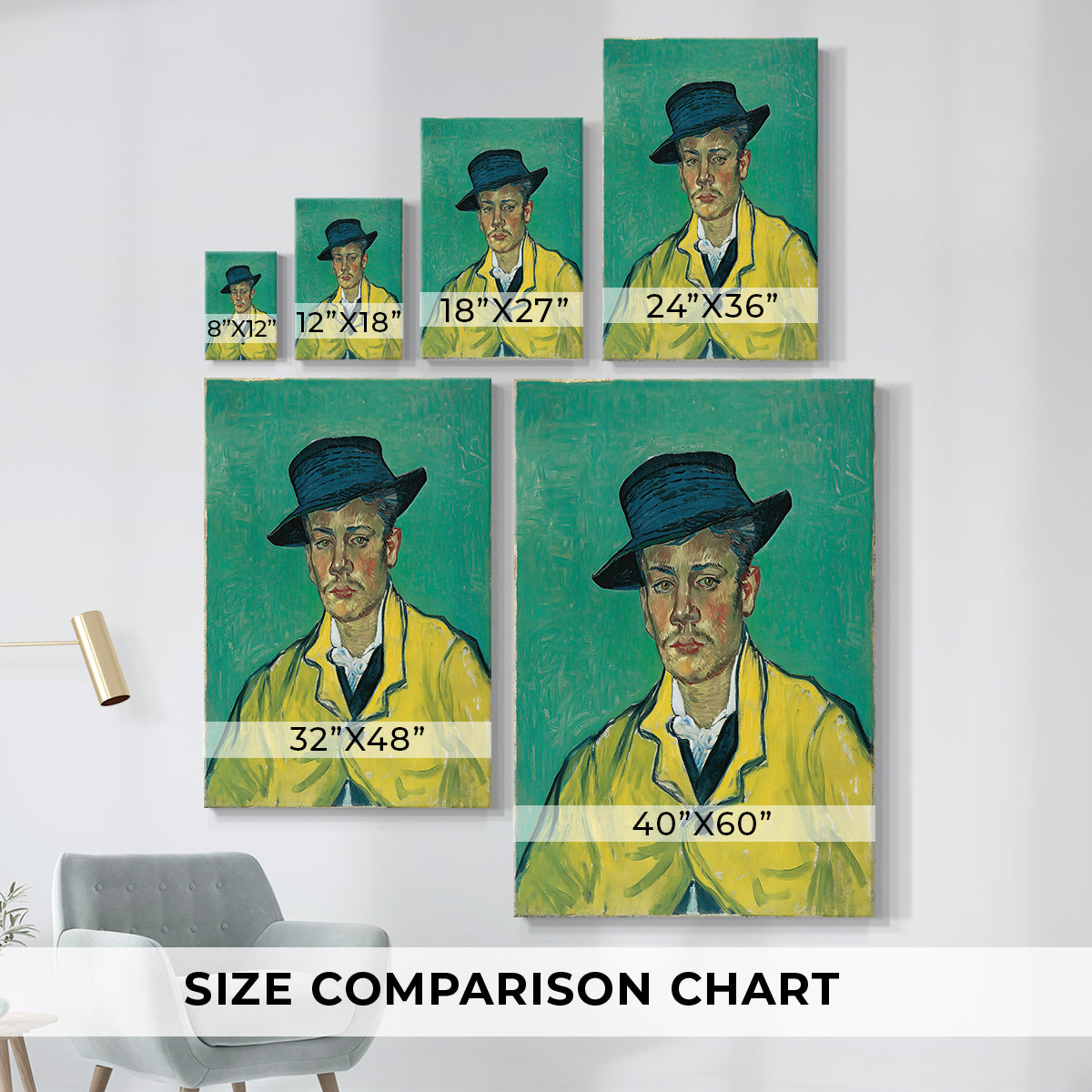Size comparison chart for canvas art prints, showing multiple size options.