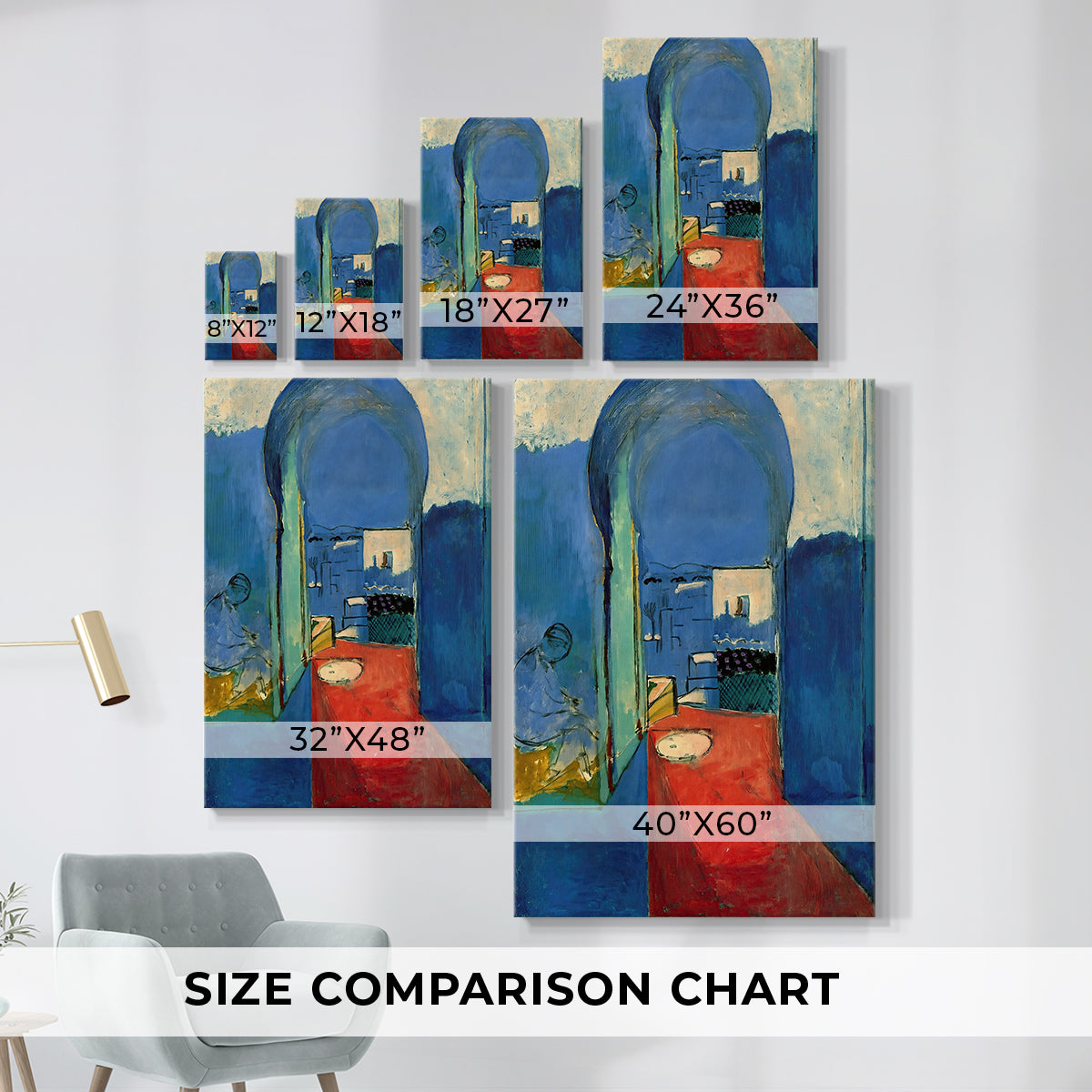 Size comparison chart for canvas art prints, showing multiple size options.
