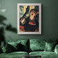 Impressionist portrait of a café singer by Edgar Degas in an ornate weathered white frame displayed in a dark-toned interior setting.