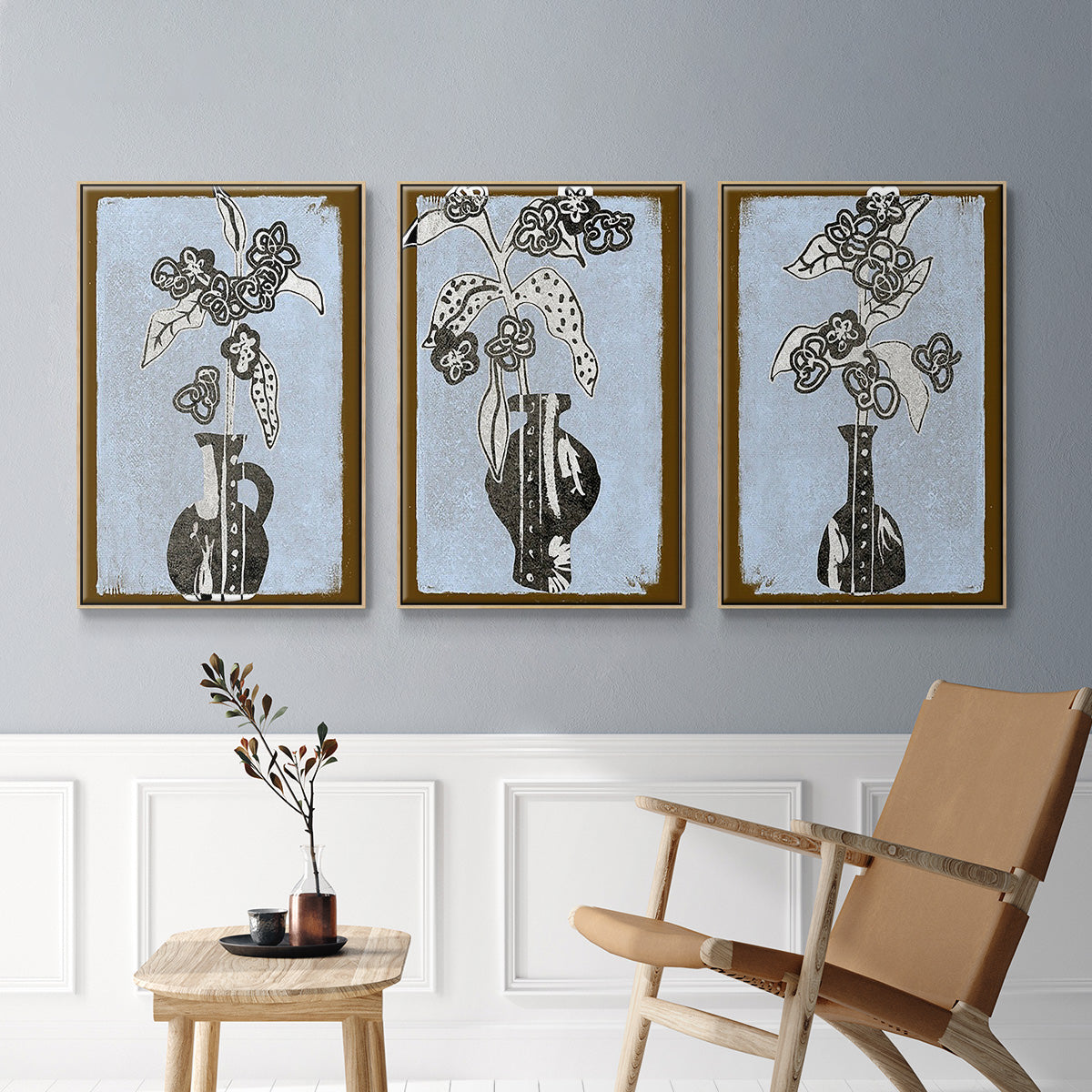 Graphic Flowers in Vase I - Framed Premium Gallery Wrapped Canvas L Frame 3 Piece Set - Ready to Hang