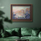Impressionist Mediterranean harbor painting by Paul Signac in an ornate bronzed mahogany wood frame displayed in a dark-toned interior setting.