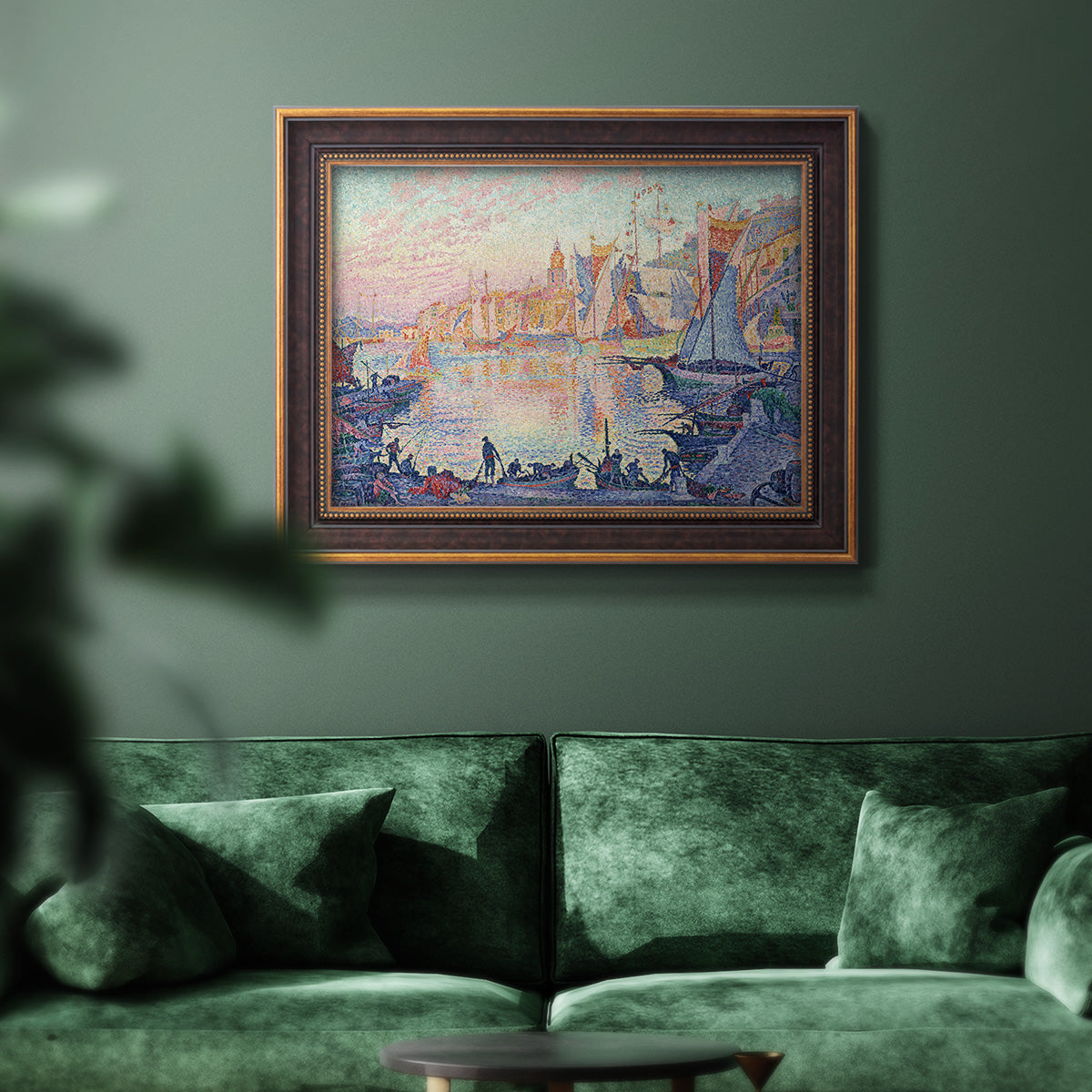 Impressionist Mediterranean harbor painting by Paul Signac in an ornate bronzed mahogany wood frame displayed in a dark-toned interior setting.