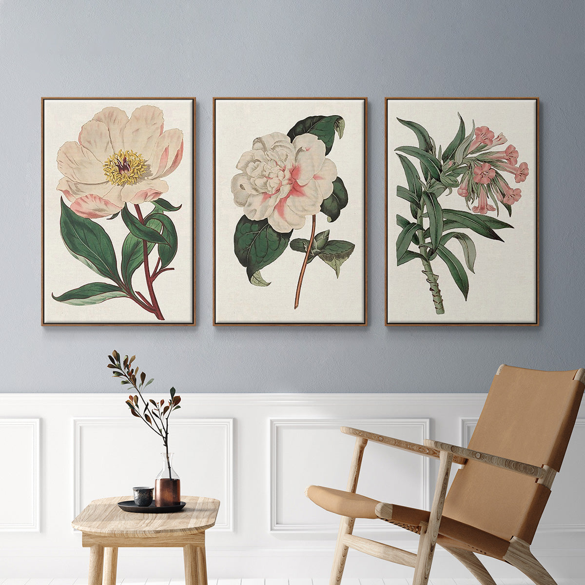 Pink Floral Mix VI - Framed Premium Gallery Wrapped Canvas L Frame 3 Piece Set - Ready to Hang