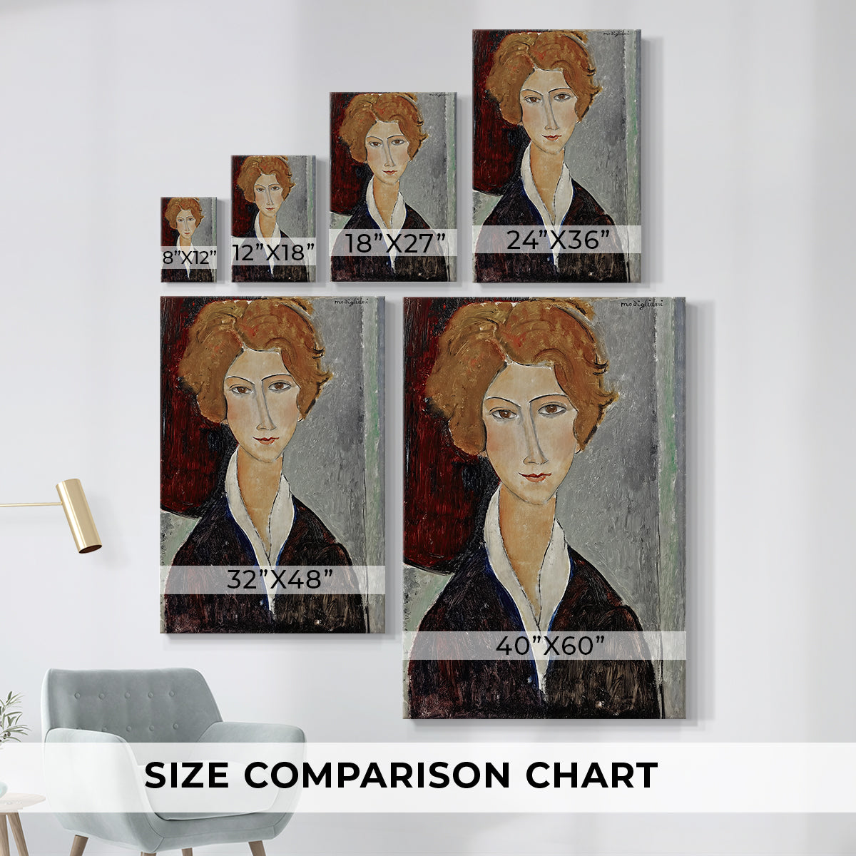Size comparison chart for canvas art prints, showing multiple size options.