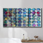 Three-panel canvas wall art featuring contrasting geometric abstract variations, displayed in a bathroom above a bathtub.