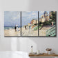 Three-panel canvas wall art featuring figures strolling along beach, displayed in a bathroom above a bathtub.