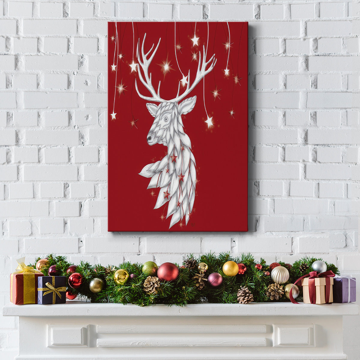 White Deer and Hanging Stars - Gallery Wrapped Canvas